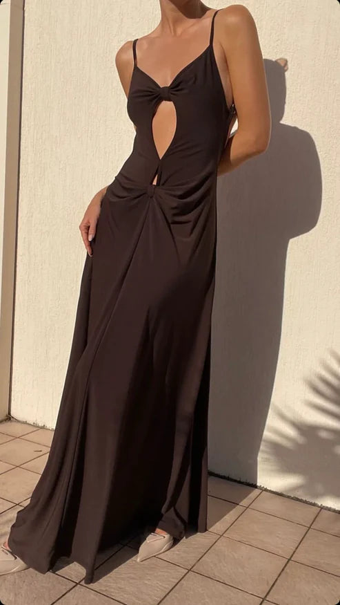 Luolandi Chocolate Spaghetti Straps Backless Elegant Party Dress Charming Evening Dress